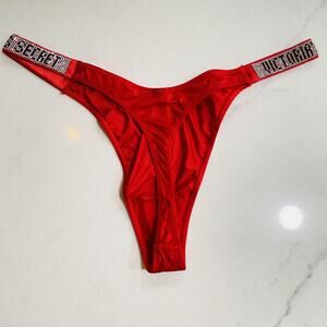 Victoria's Secret Thong Panty Womens Large Red Very Sexy Rhinestone Logo Strap